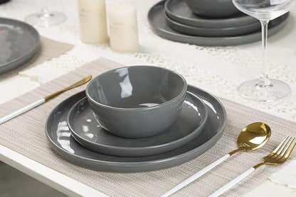 Famiware Mars Plates and Bowls Set, 18 Pieces Dinnerware Sets, Dishes Set for 6, Dark Gray