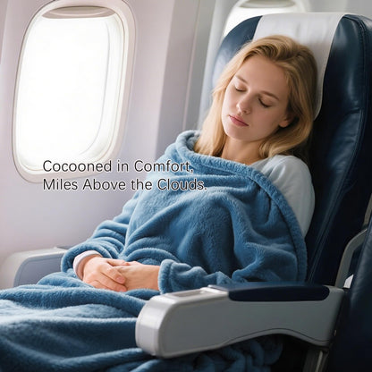 Melissa Large Travel Blanket and Inflatable Pillow Set - 69“ x 43.3” – Soft Blanket with Carry Bag – Lightweight, Compact & Washable for Backpacking, Hiking, Airplane, Car, Office, Camping (Blue)