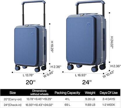 mixi Luggage Suitcases with Spinner Wheels 24'' Travel Luggage with Front Laptop Pocket, Wide Handle PC Hardshell Suitcase with TSA Lock, Checked Luggage(Sapphire Blue)
