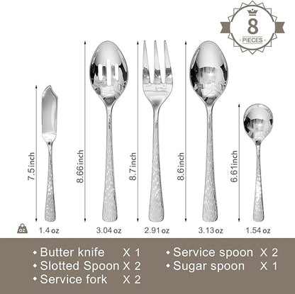KINGSTONE Hammered 8-Piece Serving Utensil Set, 18/10 Stainless Steel Flatware for Catering, Party Include Spoons, Slotted Spoon, Fork, Butter Knife - Mirror Finish & Dishwasher Safe