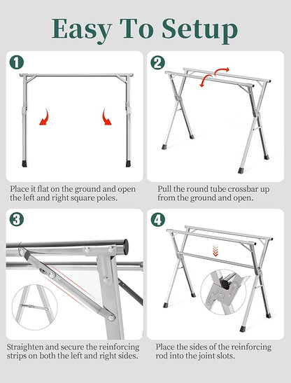 95 Inches Heavy - Duty Stainless Steel Folding Clothes Drying Rack - Indoor/Outdoor Use, Anti-Rust, 20 Windproof Hooks, Portable & Foldable (95'')