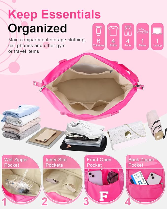 Overnight Bag for Kids Teen Girls Weekender Dance Bag Birthday Graduation Gifts,Initial Travel Duffel Bag Sports Gym Bag Personalized Weekender Bag Carry On Bags Preppy Gifts for Women(Hot Pink, F)