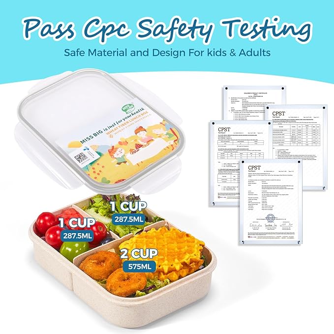 MISS BIG Bento Box for Kids,Leak Proof,Mom’s Choice Kids Lunch Box, No BPAs and No Chemical Dyes,Microwave and Dishwasher Safe Lunch Containers(White)