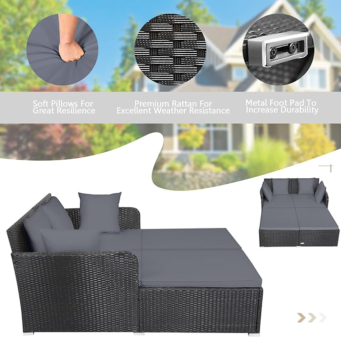 Tangkula Outdoor Rattan Daybed, Wicker Furniture