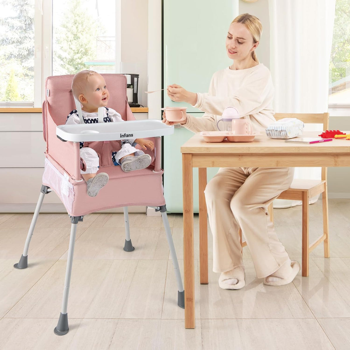 INFANS Baby High Chair, Foldable Portable Highchair for Babies and Toddlers with Travel Bag Adjustable Tray, 5 Point Harness, Compact Space Saver Infant Feeding Chair for Age 6-36 Months (Pink)