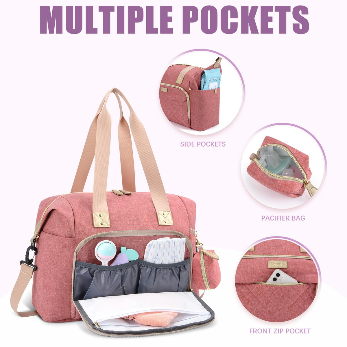 Tuwubi Diaper Bag Tote,Baby Diaper Bag with Pacifier Case Large Travel Diaper Tote Caddy for Mom and Dad Multifunction Large Baby Bag - M-Pink