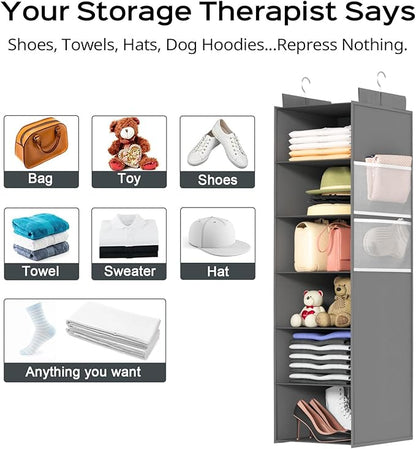 Extra Deep Hanging Closet Organizer with 6 Shelves and Oversized Mesh Pockets, Heavy-Duty Structure, No Deformation, Max Storage for Clothes, Shoes, Hats, Dorms and RVs, Grey,1-Pack