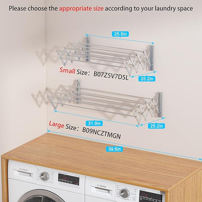 X-cosrack Wall Mounted Clothes Drying Rack, 31.9" Wide Large Rustproof Retractable Laundry Drying Rack, 8 Bar Space-Saving Aluminium Alloys Clothing Hanger Drying Racks forLaundry (Silver)