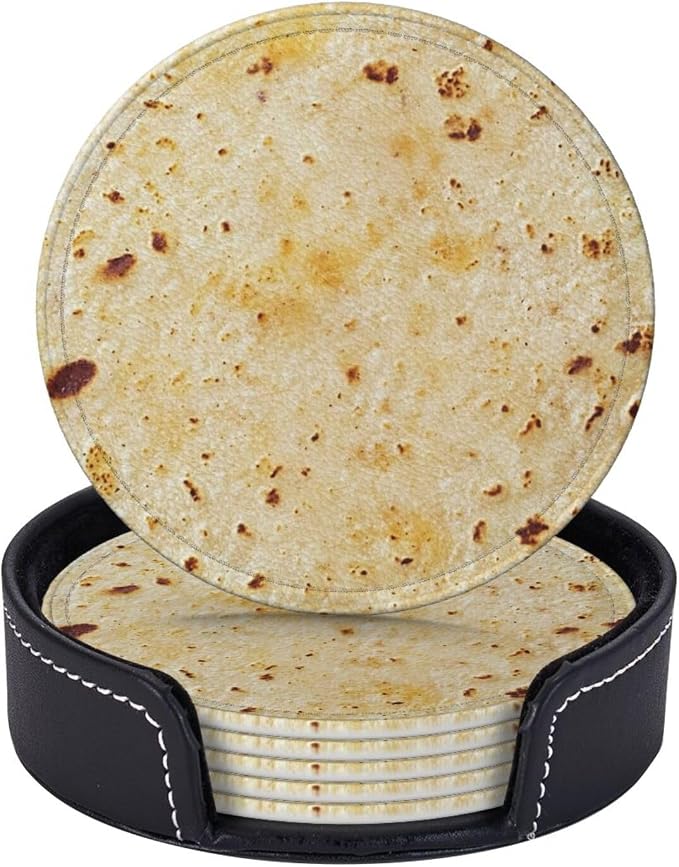 Tortilla Coasters for Drinks Set of 6, Round Leather Coaster