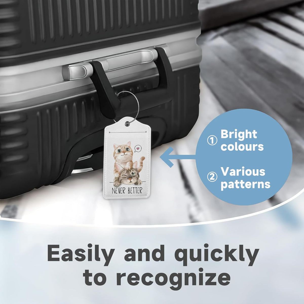 Cute Cat Luggage Tags for Suitcases,2 Pack,Never Better Luggage Tag,Leather Stainless Steel Loop Label Tag for Women Men Girls Travel Bag Suitcase