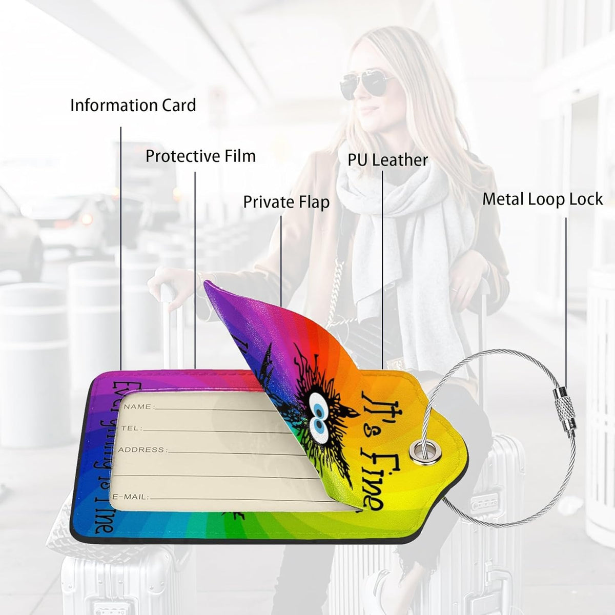 2 Pack Luggage Tags for suitcases Funny Cute Rainbow I'm Fine It's Fine Luggage Tag, Leather Stainless Steel Loop Label Tag for Men Women Travel Bag Suitcase(Rainbow Fine)