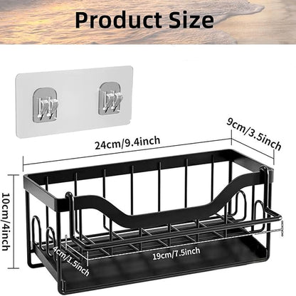 Sponge Holder for Kitchen Sink - Sink Caddy Organizer with Auto Drain Tray, Detachable Towel Rack, Stainless Steel Kitchen Counter Organizer Rack, Black