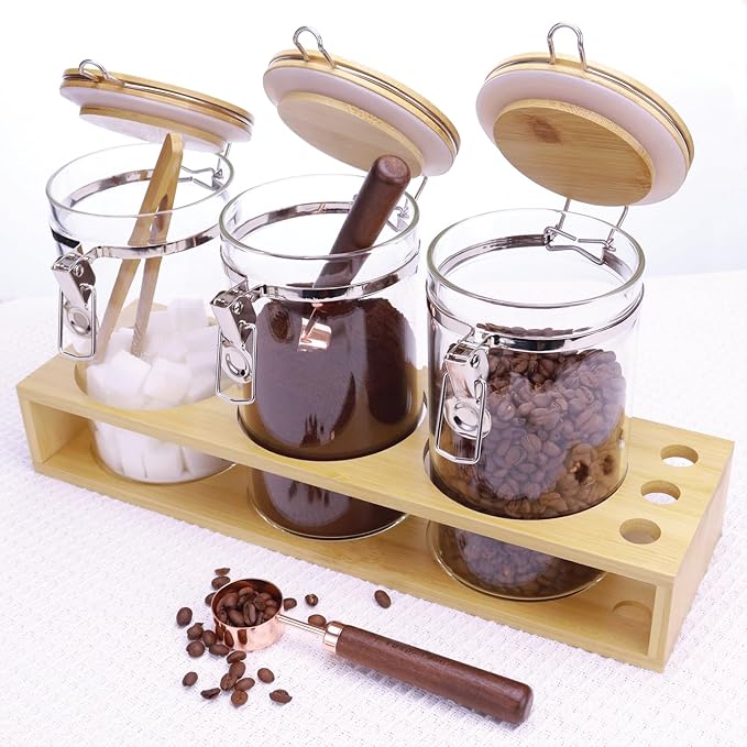 Glass Coffee Storage Containers with Bamboo Shelf,Ground Coffee Holder Jars,Airtight Glass Countertop Storage Jar Canisters with Spoon for Coffee,Loose Tea,40 Fluid-oz,Pack of 3