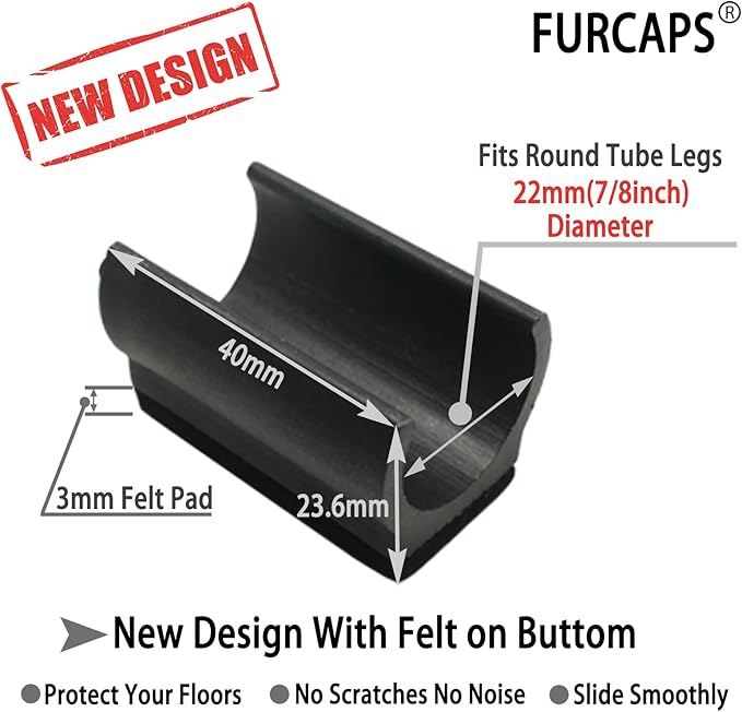 Rectangle U Shaped Chair Leg Tips Cap with Felt Pads,Furniture Feet Protectors Slide Smoothly Glides,Protect Hardwood Floor No Scratches No Noise,Fit 22mm(7/8inch) Diameter Tubular Legs (Black 8PCS)