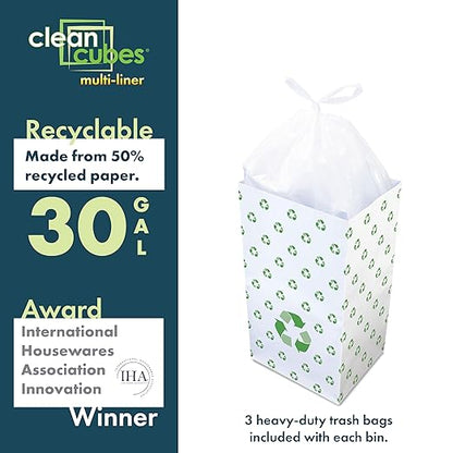 30 Gallon Disposable Pop-Up Trash Cans (3-Pack, Multi-Liner) with Fitted Bags – Foldable Garbage & Recycling Bins for Parties, Events & Kitchen (Recycle 30" H x 14" W x 17" D)