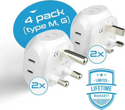 Ceptics South Africa Travel Plug Adapter Set - 4 Input - Ultra Compact - Light Weight - Type M and Type G - USA to Any Type M Countries Such as Botswana, Namibia - 4 Pack (PT-7-10L-4PK),White