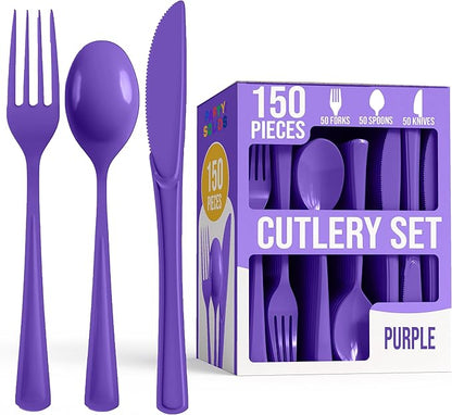 Party Solids Purple Plastic Silverware Heavy Duty 150 Pieces Purple Plastic Cutlery Sets, Utensil Sets, 50 Of Each Forks, Knives & Spoons Disposable Cutlery Set, Flatware Set For Party Supplies