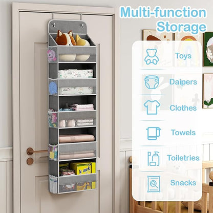 LAMU 5 Tier Over the Door Organizer Hanging, 5 Large Pockets and 10 Side Pockets Behind Door Storage for Baby Toys, 44lbs Back of Door Organizers Shelf for Closet, Nursery and Bathroom, 2 Pack (Grey)