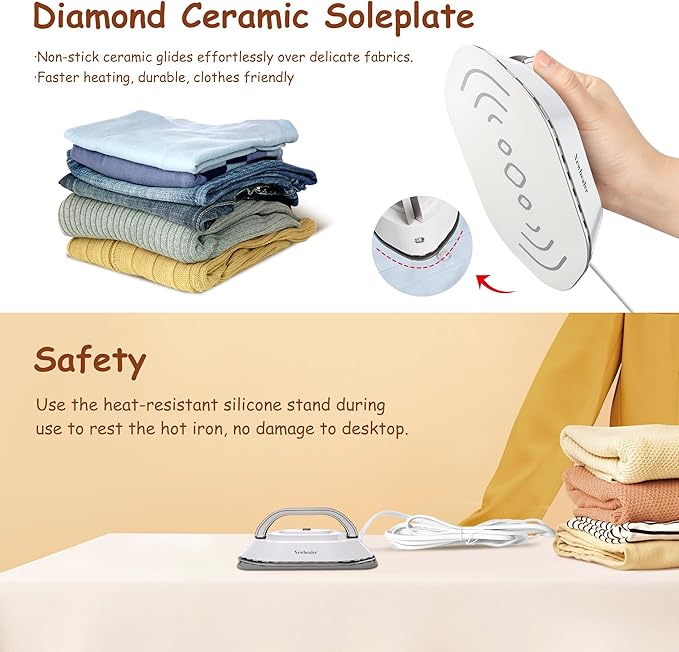 Newbealer Travel Iron with Global Voltage, 100-240V Mini Dry Iron for Clothes (No Steam), Max 300W, 60s Heat Up, 302℉ Non-Stick Ceramic Soleplate, 0.8lbs Ultra-Lightweight (Silver)