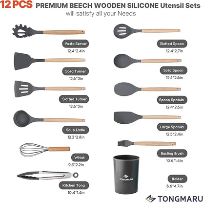 Silicone Cooking Utensils Set, Premium Beech Wood Handle Kitchen Gadgets Utensil Set, Non-Stick Kitchen Utensils Spatula, Tongs, Turner, Whisk, Brush, Spoon, BPA FREE, 446°F Resistant (Dark Gray)