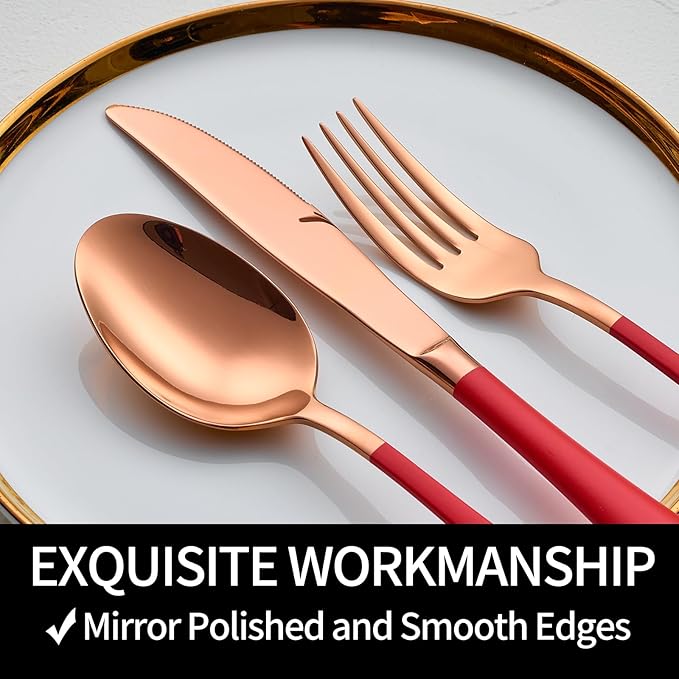 20-Pieces Rose Gold and Red Silverware Sets for 4,Red Handle Stainless Steel Cutlery Set, Include Forks Spoons and Knives Set, Dishwasher Safe Utensil Sets for Home Restaurant