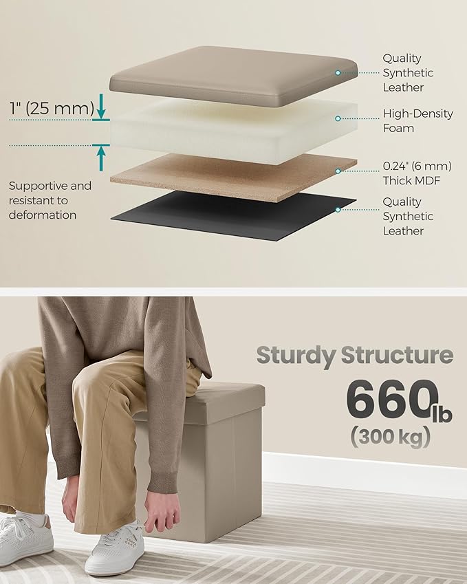 SONGMICS Mazie Collection - 15 Inches Ottoman with Storage, Footstool, Storage Ottoman, Load 660 lb, for Dorm, Living Room, Bedroom, Synthetic Leather, Camel Brown ULSF010K03