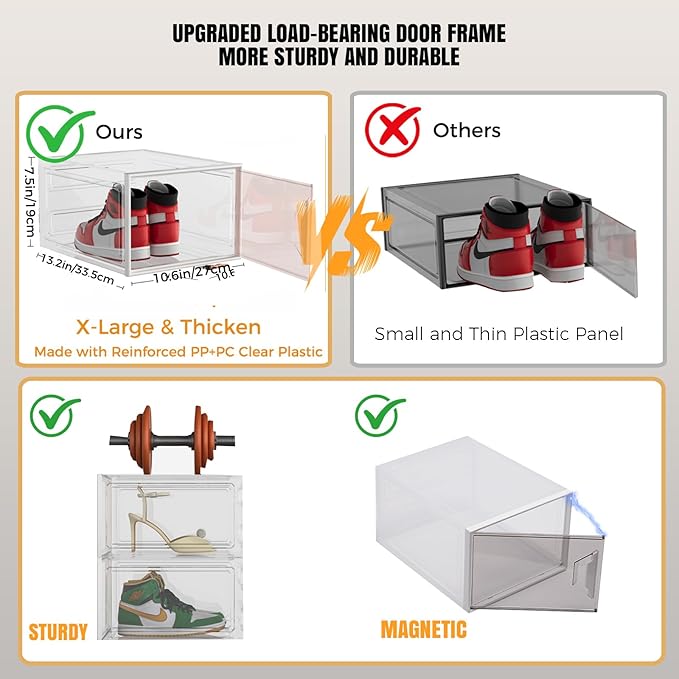 Shoe Storage Boxes Stackable, X-Large Plastic Clear Shoe Organizers with Magnetic Door, Thicken & Sturdy Sneaker Containers, Toy Storage Organizer Bins for Entryway, Closet, Under Bed