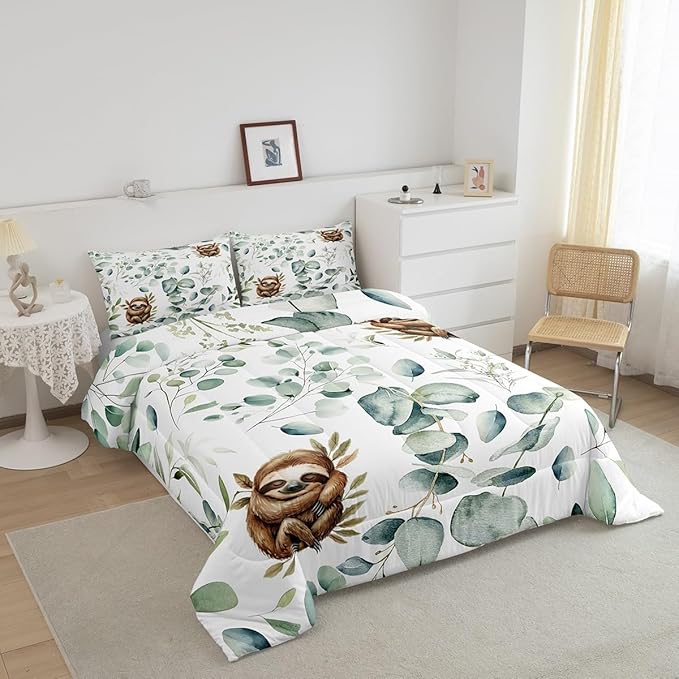 Erosebridal Girls Kawaii Animal Queen Bedding Sets Cute Sloth Comforter Set, Cartoon Wildlife Down Comforter Green Leaf Bedding Comforter Sets, Spring Plant Duvet Insert Child Kids Bedroom Decor