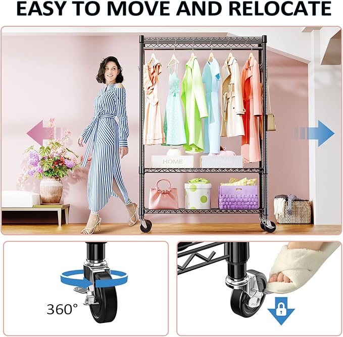 IZEUK 3 Tier Heavy Duty Rolling Garment Rack Wire Clothes Rack for Hanging Clothes, Metal Freestanding Closet Wardrobe Rack with 1 Rods and Wheels Black 15.7" D x 45.3" W x 75.6" H