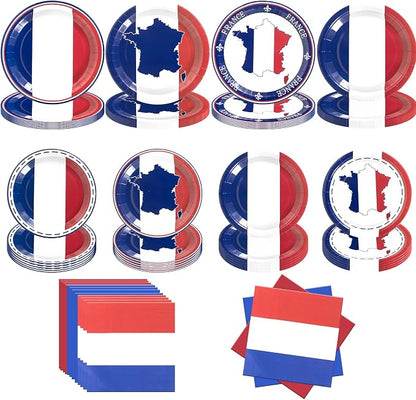 France French Flag Paper Plates and Napkins Party Supplies, Serves 60 | 180Pcs