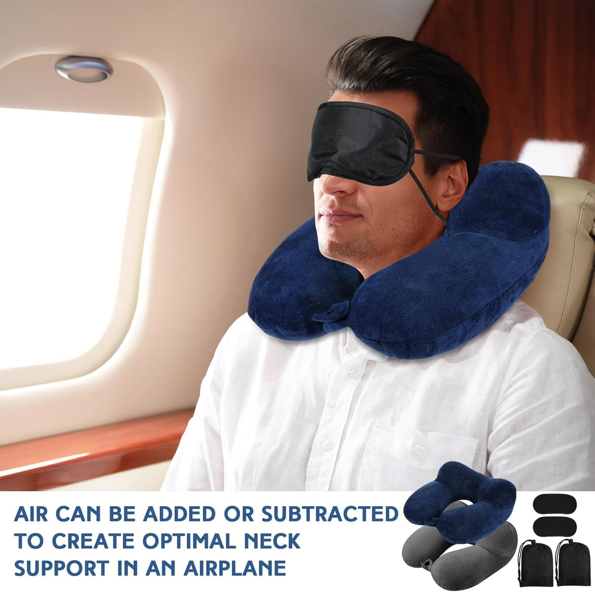 Sintuff 2 Pack Inflatable Travel Pillow for Airplanes Inflatable Neck Flight Pillows with Compact Bag and Blindfold for Traveling, Airplane, Train, Car, Office (Blue and Dark Gray)