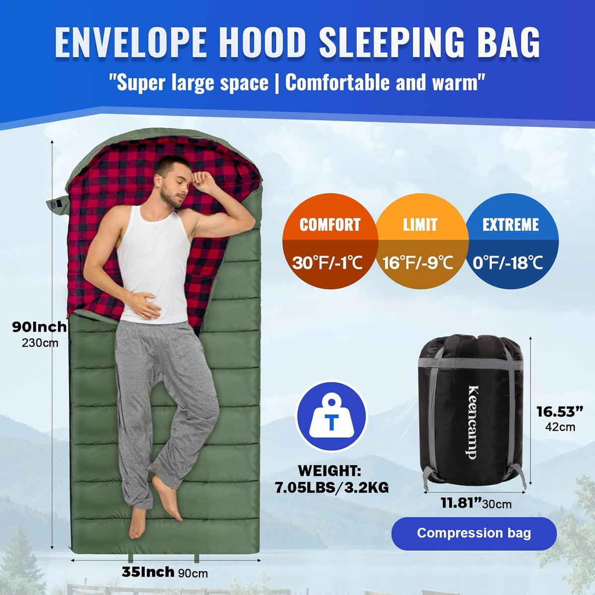 0 Degree Sleeping Bag Cotton Flannel Winter Cold Weather for Adults XXL Sleeping Bag 4 Season Big and Tall with Pillow Compression Sack