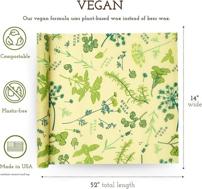 Bee's Wrap Vegan Beeswax Wraps for Food - Cut to Size 14x52" Wax Paper Roll - Made in USA Reusable Waxed Paper Bowl Covers, Organic Eco-Friendly Alternative to Aluminum Foil, Herb Garden