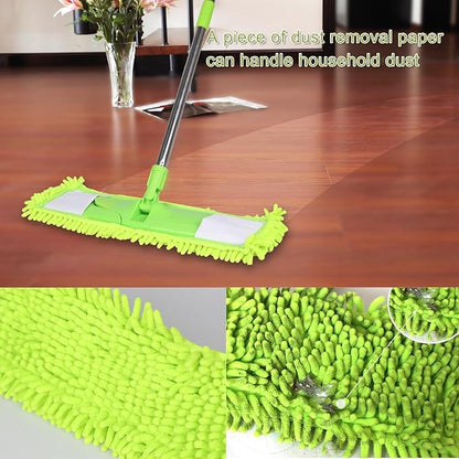 Dust Mop for Floor Cleaning with 2 Washable Chenille Pads and Extendable 58” Long Handle, Dry Wet Flat Mop with Scouring Pad for Hardwood, Laminate, Tile, Marble ，Green