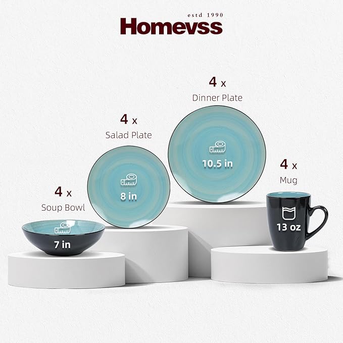 Sonoma 16 Piece Stoneware Dinner Set, Outside Black + Inside Handpainted Color Turquoise with speckle