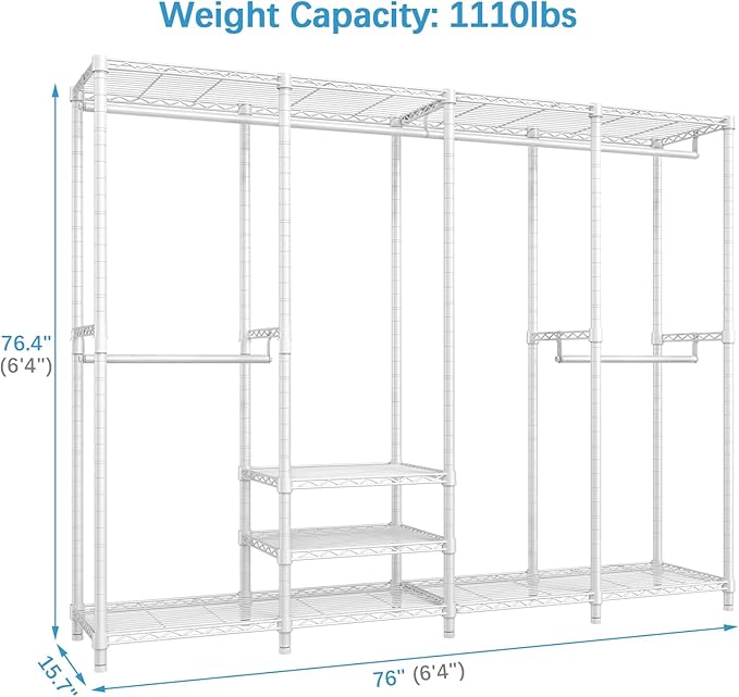 VIPEK V40 Wire Garment Rack Heavy Duty Clothes Racks for Hanging Clothes, Multi-Functional Bedroom Clothing Racks Freestanding Closet Wardrobe Rack, 76" L x 15.7" W x 76.4" H, Max Load 1110lbs, White