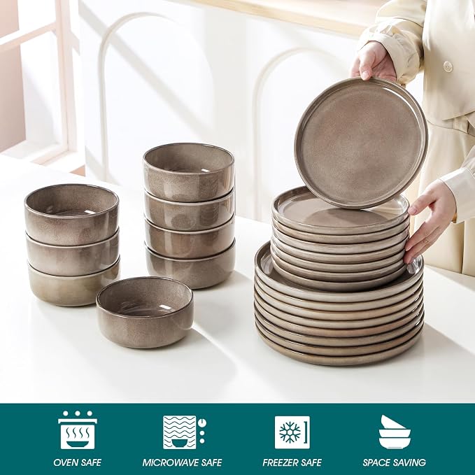 vancasso PLAYA Plates and Bowls Sets, 24 Pieces Dark Brown Dinnerware Sets