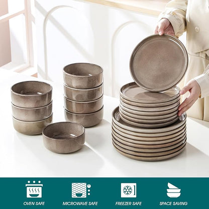 vancasso PLAYA Plates and Bowls Sets, 24 Pieces Dark Brown Dinnerware Sets