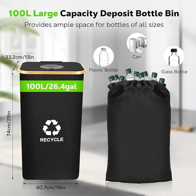 Recycling Bin for Kitchen 100L, 26 Gallon Recycle Bin with 2 Removeable Reusable Waterproof Inner Bag, Large Recycling Bin with Lid for Bottle Can Plastice Stickers (Black)
