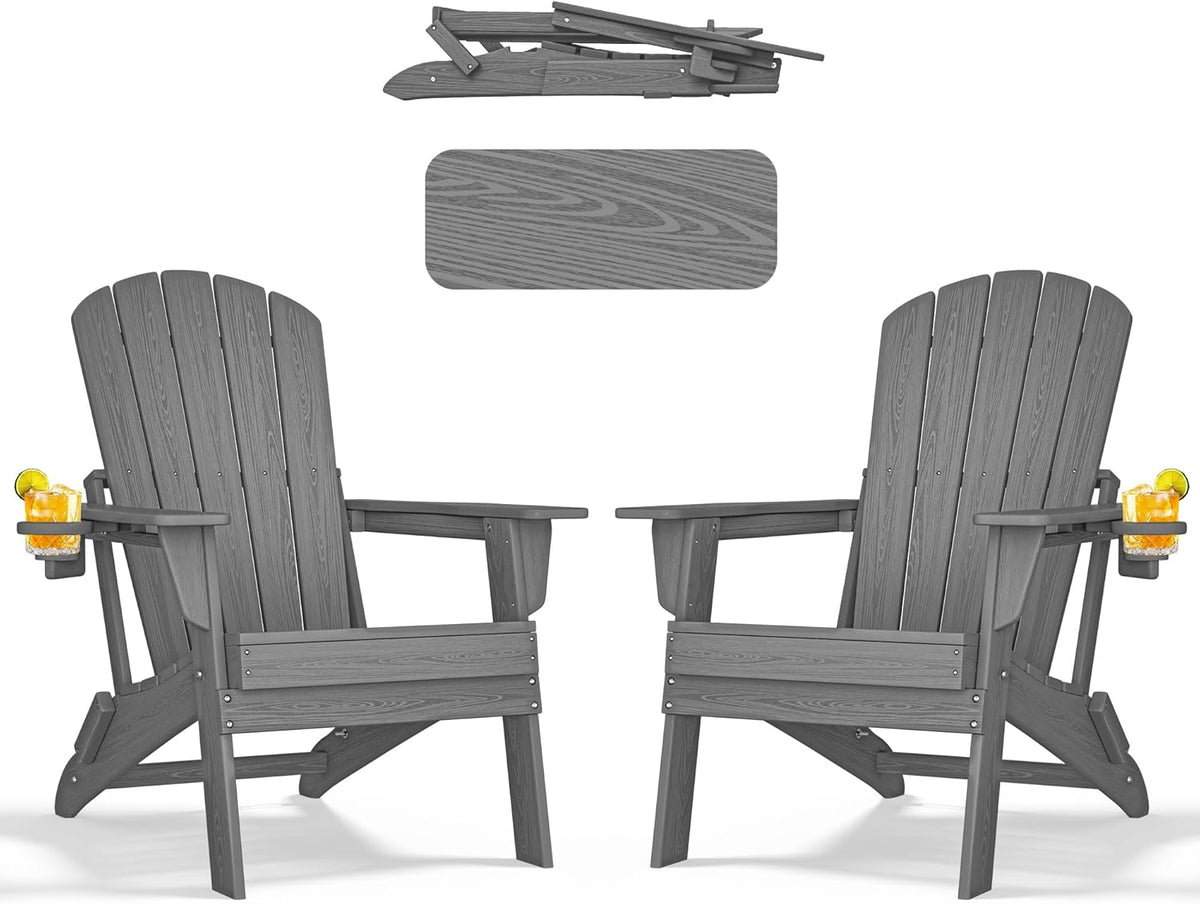 Folding Adirondack Chair - Extended Ergonomic Backrest, Cup Holder - Easy Assembly - Durable HDPE Plastic, Weather Resistant & Maintenance-Free - Lawn, Patio, Deck Supports 380lbs Grey