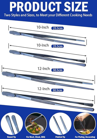 JETKONG 4 Pcs Kitchen Tweezers, 12'' and 10'' Stainless Steel Cooking Tweezers Set, High-Precision Tweezers Tongs for Cooking, Repairing, Seafood and BBQ (Blue)