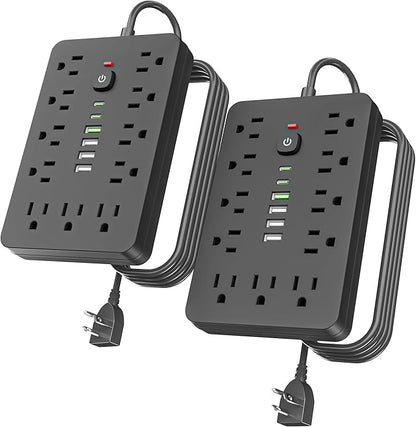 2PCS 6 FT Flat Plug Surge Protector Power Strip,11 Multiple AC Outlets with 6 USB Ports (2 USB C), 6 Feet Extension Cord, 1250W/10A, One Touch Switch Button, 17 in 1 Compact powerstrip
