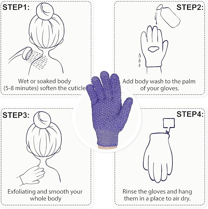 Evridwear Exfoliating Gloves for Shower, 100% Nylon Thick Soft Medium Heavy Bathing Gloves Dead Skin Remover Body Scrubber Smooth Skin with Hang Loop, Purple