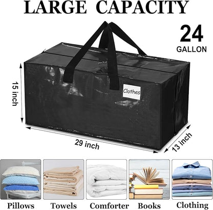 4 Pcs 24 Gallon Large Moving Bags with Zipper and Handles Foldable Storage Duffle Bags Heavy Duty Extra Large Totes for College Dorm Travel Clothes Blankets Bedding Moving (Black)