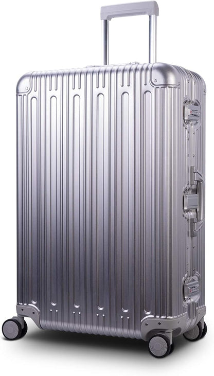 TRAVELKING All Aluminum Luggage Zipperless Hard Shell Suitcase with TSA Lock Spinner Wheels Lightweight Metal Alloy Suitcases (Silver, 28 inch)