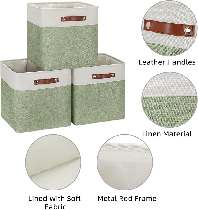 HNZIGE Foldable Storage Cubes & Baskets (3 Pack) - 13 Inch Storage Bin with Leather Handles for Toys, Clothes, Kids (White & Green)