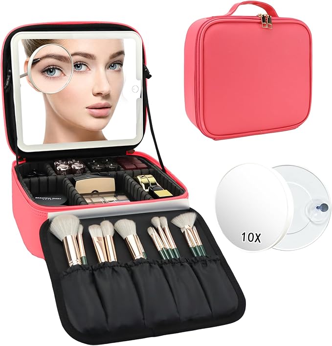Travel Makeup Bag with LED Mirror and 10x magnifying glass with 3 Lighted Settings, Adjustable Dividers and Makeup Brush Storage Bag Light Red