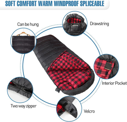 0 Degree Sleeping Bag Cotton Flannel Winter Cold Weather for Adults XXL Sleeping Bag 4 Season Big and Tall with Pillow Compression Sack