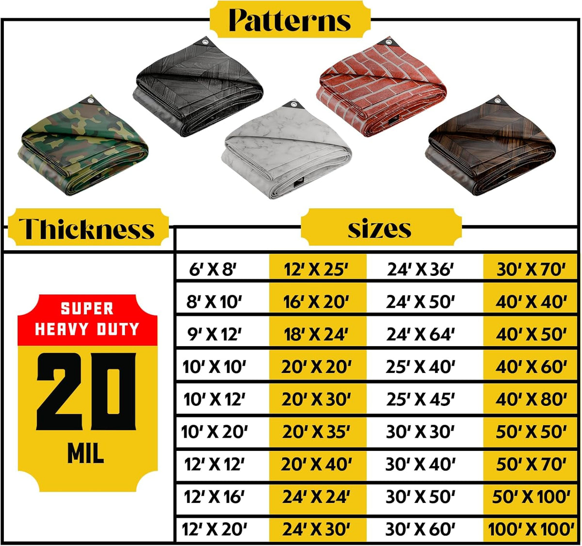 Core Tarps Extreme Heavy Duty 20 Mil Tarp Cover, Waterproof, UV Resistant, Rip and Tear Proof, Poly Tarpaulin with Reinforced Edges for Roof, Camping, Patio, Pool, Boat (Marble/White 10′ X 10′)