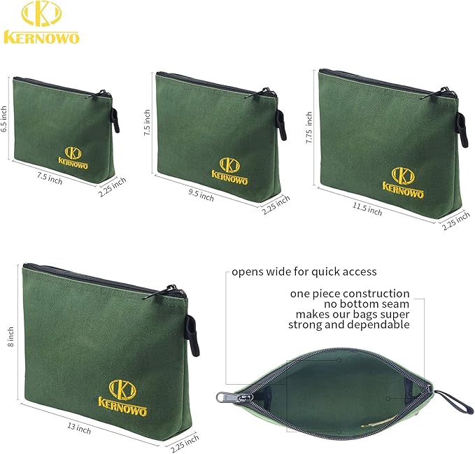 4 Pcs Upgrade Canvas Zipper Tool Pouch, 20 oz Heavy Duty Tool Bag, Water Resistant Utility tools Organizer, 7.5/9.5/11.5/13 inch Spacious Storage Pouches with Dependable YKK Nylon Zippers by KERNOWO